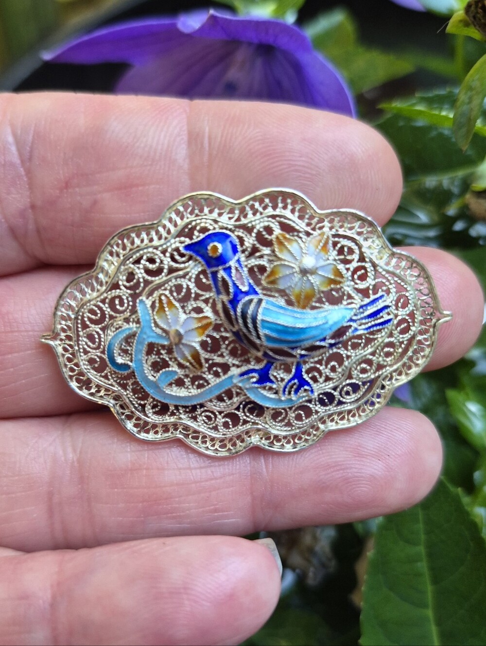 Vintage Sterling Silver Filigree Enameled Bird Flower Cloisonne Brooch 2"